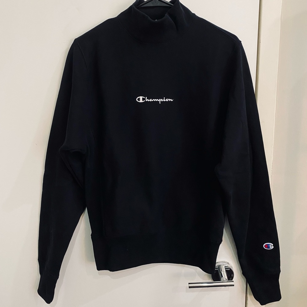 Champion Reverse Weave Sweatshirt: Mock Neck, All Black, Woven Logo, XS